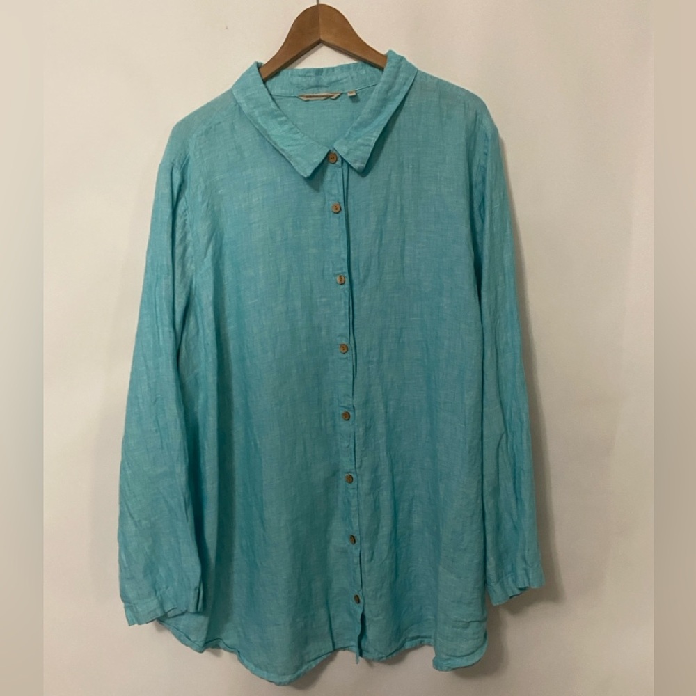 Soft Surroundings 100% Linen Wood Button Down 3X blue Lagan look Relaxed Chic